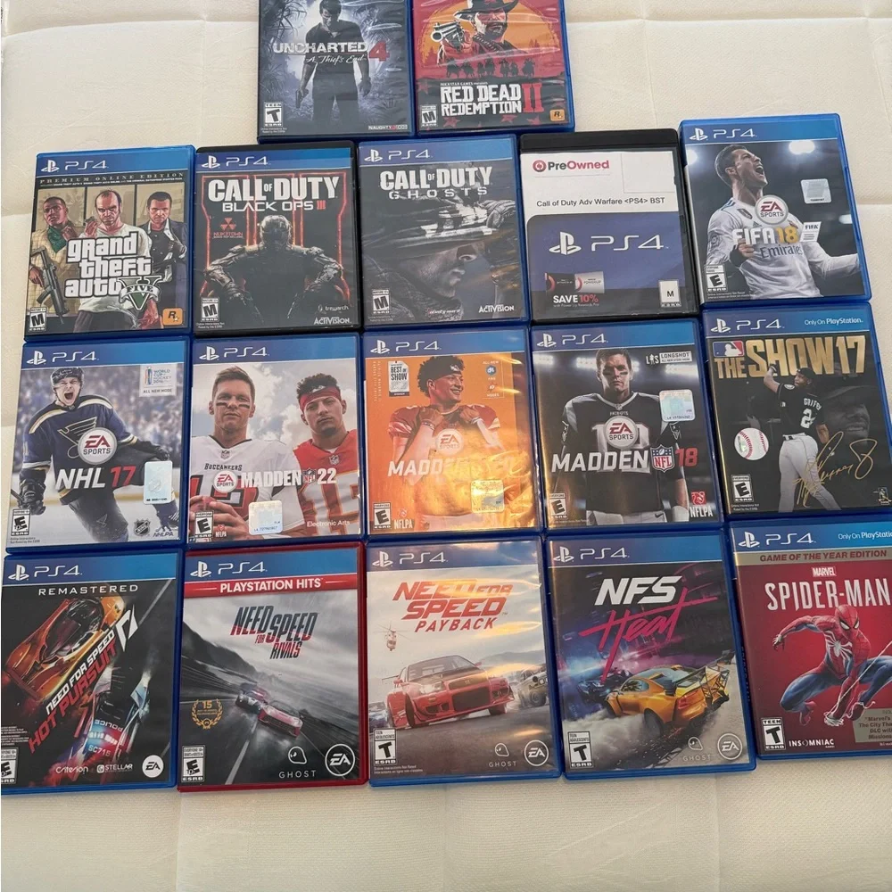 Sony PS4 Console with Blue and Black Controllers and 17 games